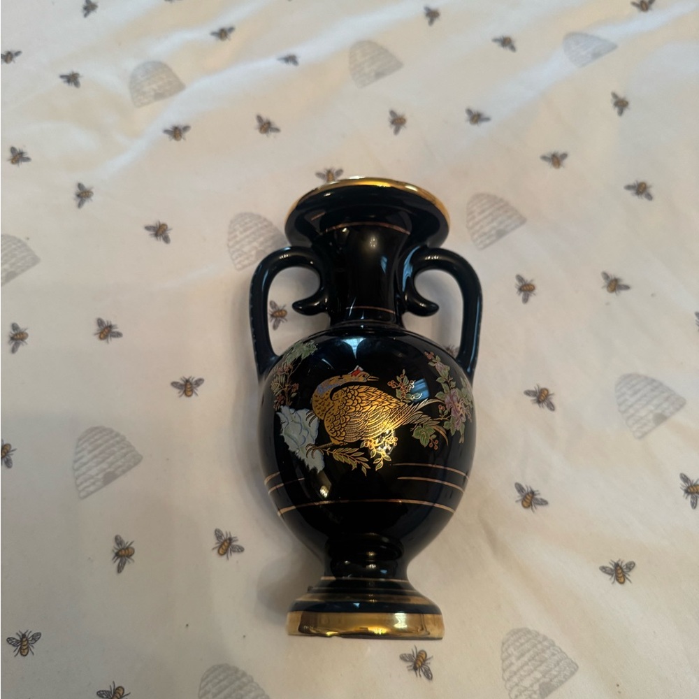 Vintage Black and Gold Decorative Two-Handled Vase with Bird Motif